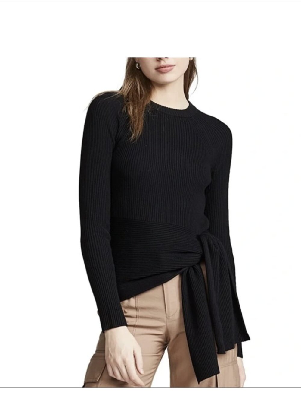 3.1 Phillip Lim Womens Large Black Tie Front Sweater Pullover Ribbed Wool Blend